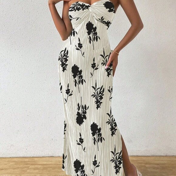 Apricot Boho Women's Tie Knot Pleat Printed Dress - Picture 4 of 6